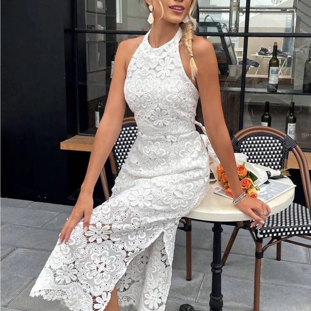 SHEIN White Midi Slit Backless Sheath Dress with Halter Neckline